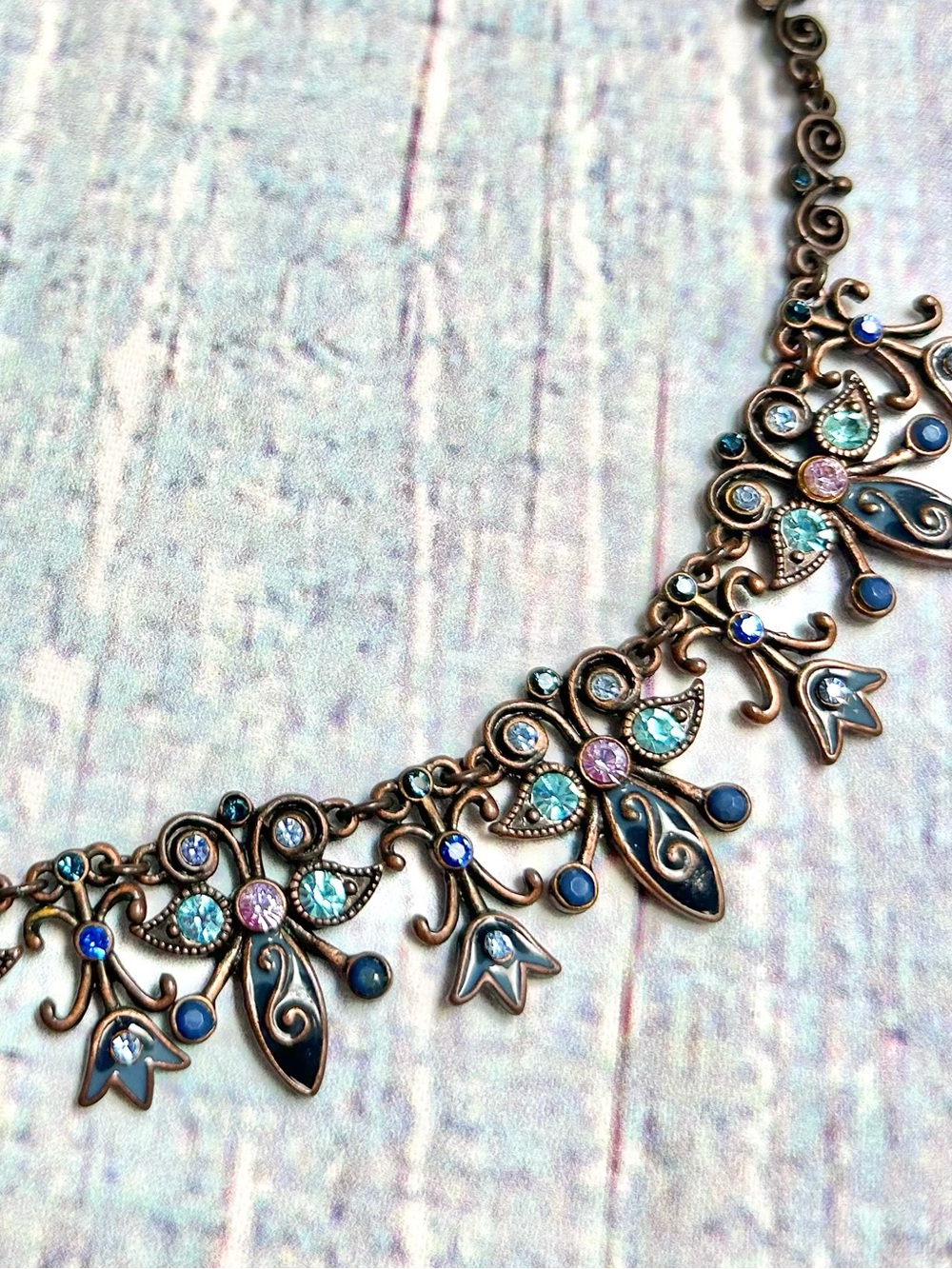 Vintage Iridescent Crystal Floral Necklace  w Bronze folk shabby chic vibe
